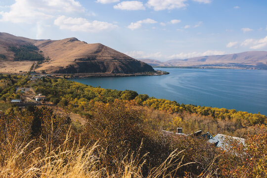 Sevan Lake, Armenia, beautiful aerial panoramic view of Sevan Lake, Gegharkunik Province, with Sevanavank monastery chapel in a summer sunny day