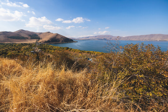 Sevan Lake, Armenia, beautiful aerial panoramic view of Sevan Lake, Gegharkunik Province, with Sevanavank monastery chapel in a summer sunny day