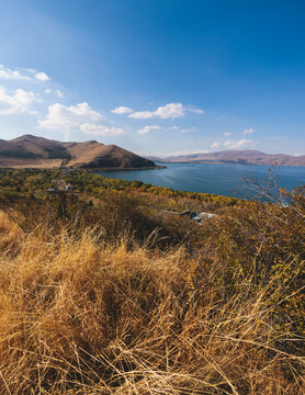 Sevan Lake, Armenia, beautiful aerial panoramic view of Sevan Lake, Gegharkunik Province, with Sevanavank monastery chapel in a summer sunny day