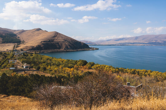 Sevan Lake, Armenia, beautiful aerial panoramic view of Sevan Lake, Gegharkunik Province, with Sevanavank monastery chapel in a summer sunny day