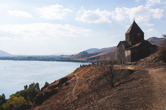 Sevan Lake, Armenia, beautiful aerial panoramic view of Sevan Lake, Gegharkunik Province, with Sevanavank monastery chapel in a summer sunny day