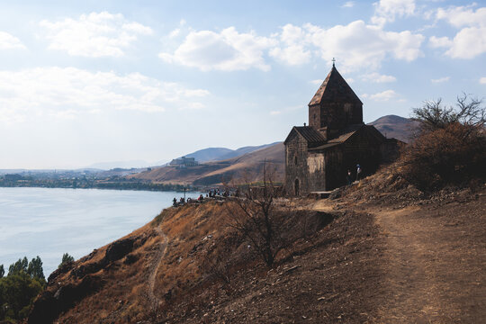 Sevan Lake, Armenia, beautiful aerial panoramic view of Sevan Lake, Gegharkunik Province, with Sevanavank monastery chapel in a summer sunny day