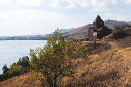 Sevan Lake, Armenia, beautiful aerial panoramic view of Sevan Lake, Gegharkunik Province, with Sevanavank monastery chapel in a summer sunny day