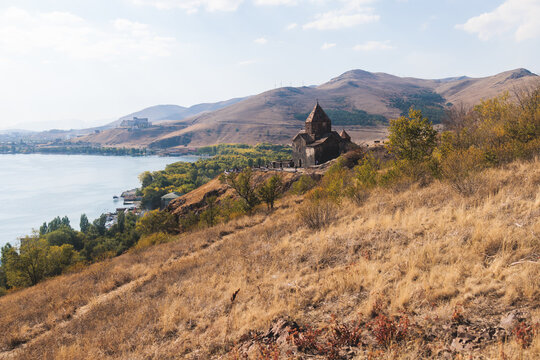 Sevan Lake, Armenia, beautiful aerial panoramic view of Sevan Lake, Gegharkunik Province, with Sevanavank monastery chapel in a summer sunny day