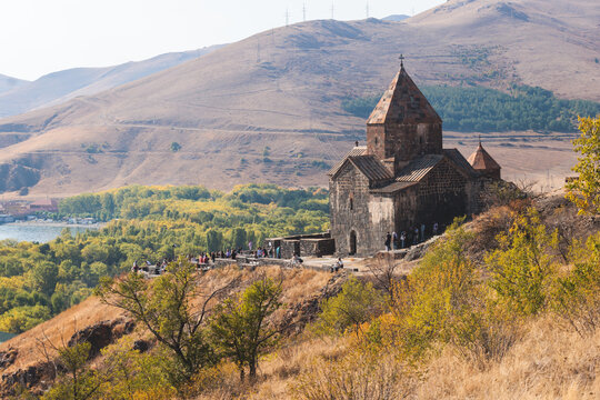 Sevan Lake, Armenia, beautiful aerial panoramic view of Sevan Lake, Gegharkunik Province, with Sevanavank monastery chapel in a summer sunny day