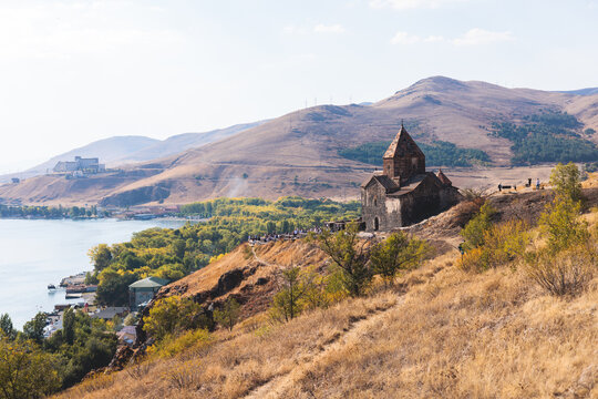 Sevan Lake, Armenia, beautiful aerial panoramic view of Sevan Lake, Gegharkunik Province, with Sevanavank monastery chapel in a summer sunny day