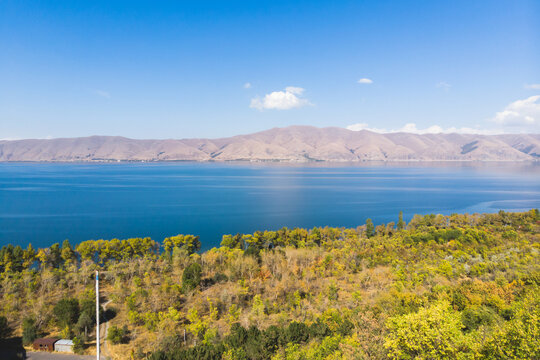 Sevan Lake, Armenia, beautiful aerial panoramic view of Sevan Lake, Gegharkunik Province, with Sevanavank monastery chapel in a summer sunny day