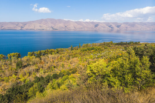 Sevan Lake, Armenia, beautiful aerial panoramic view of Sevan Lake, Gegharkunik Province, with Sevanavank monastery chapel in a summer sunny day