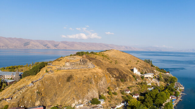 Sevan Lake, Armenia, beautiful aerial panoramic view of Sevan Lake, Gegharkunik Province, with Sevanavank monastery chapel in a summer sunny day
