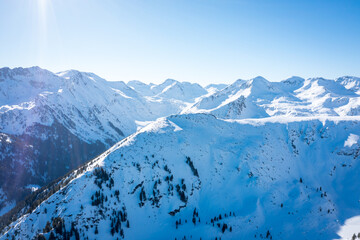 Peaks mountain Pirin covered in snow in Winter sunny day. Bansko, Bulgaria