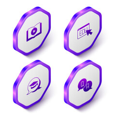 Set Isometric Audio book, Online education, Graduation cap speech bubble and Question and Answer icon. Purple hexagon button. Vector