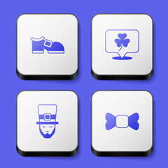 Set Leprechaun boot, Clover trefoil leaf, and Bow tie icon. White square button. Vector