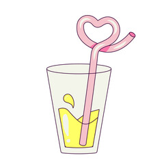Cocktail with a Straw in the Shape of a Heart Party Illustration in Groovy Style Temporary Sticker or Badge