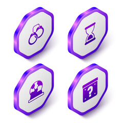 Set Isometric Handcuffs, Old hourglass, Magic ball and Mystery box icon. Purple hexagon button. Vector