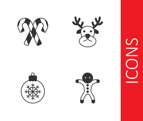Fototapeta premium Set Holiday gingerbread man cookie, Candy cane with stripes, Christmas ball and Reindeer icon. Vector