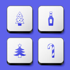 Set Christmas tree, Champagne bottle, and Candy cane with stripes icon. White square button. Vector