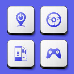Set Power button, Racing simulator, Case of computer and Game controller joystick icon. White square button. Vector