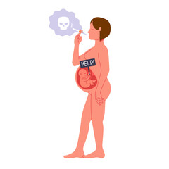 Pregnant woman smokes a cigarette with a baby inside her belly holds a sign that says help vector illustration