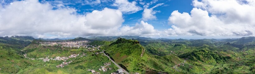 Fototapeta na wymiar Mountainous green Santiago Island landscape in rain season in Cape Verde