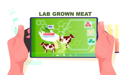 scientist analyzing dna of cultured veal on tablet pc screen artificial lab grown meat production concept