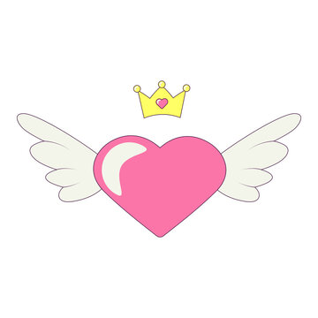 Heart with Angel Wings and Crown Bachelorette Party Illustration in Groovy Style