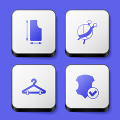 Set Sewing pattern, Yarn ball with knitting needles, Hanger wardrobe and Leather icon. White square button. Vector