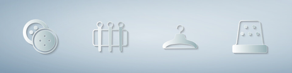 Set Sewing button for clothes, Needle sewing, Hanger wardrobe and Thimble. Paper art style. Vector