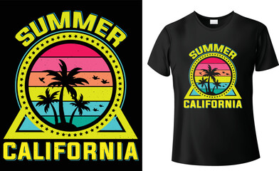 Summer t-shirt graphic design colorful vector illustration, California retro - vintage stylish and trendy tee for print.
