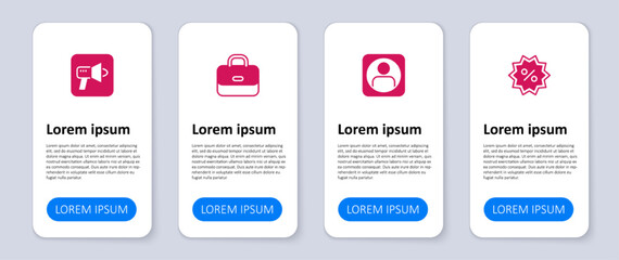 Set Discount percent tag, Create account screen, Briefcase and Megaphone. Business infographic template. Vector