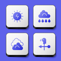 Set Solar energy panel, Cloud with rain, and Rooster weather vane icon. White square button. Vector