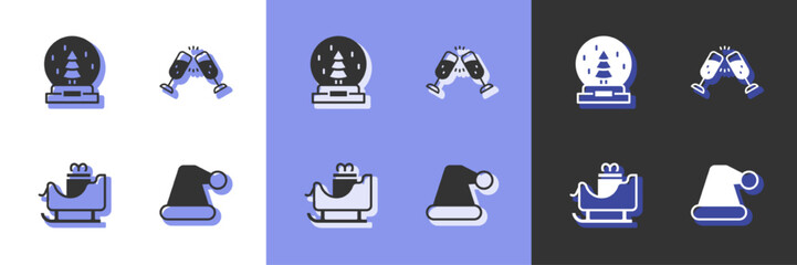 Set Christmas Santa Claus hat, snow globe, santa claus sleigh and Glass of champagne icon. Vector