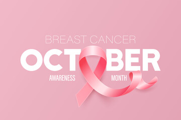 October. Breast Cancer Banner, Card, Placard with Vector 3d Realistic Pink Ribbon. Breast Cancer Awareness Month Symbol Closeup. World Breast Cancer Day Concept