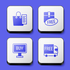 Obraz premium Set Shopping list, Cardboard box with free symbol, Buy button and Free delivery service icon. White square button. Vector