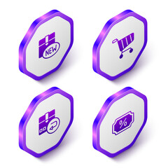 Set Isometric New collection, Shopping cart, Return cardboard box and Discount percent tag icon. Purple hexagon button. Vector