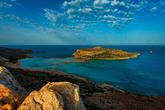 Fantastic panorama of Balos Lagoon and Gramvousa island on Crete, Greece. Cap tigani in the center