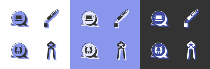 Set Blacksmith pliers tool, anvil, Horseshoe and Welding torch icon. Vector