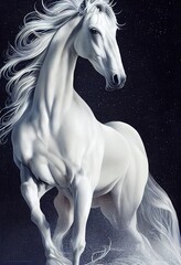 Plakat Painted beautiful white racehorse on a black background.