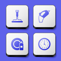 Set Rubber cleaner for windows, Portable vacuum, Dishwashing bottle and plate and Clock icon. White square button. Vector