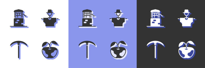 Set Apple, Well, Pickaxe and Scarecrow icon. Vector