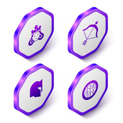 Set Isometric Princess or queen, Medieval bow and arrow, helmet and Round wooden shield icon. Purple hexagon button. Vector