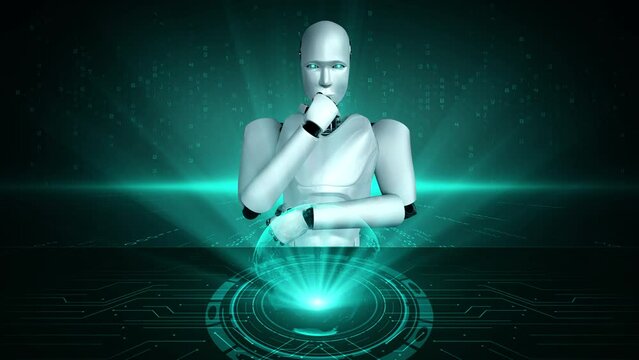 Futuristic robot artificial intelligence huminoid AI programming coding technology development and machine learning concept. Robotic bionic science research for future of human life. 3D rendering.