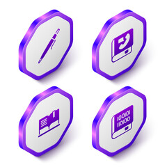 Set Isometric Pen, Phone book, Open and Books about programming icon. Purple hexagon button. Vector