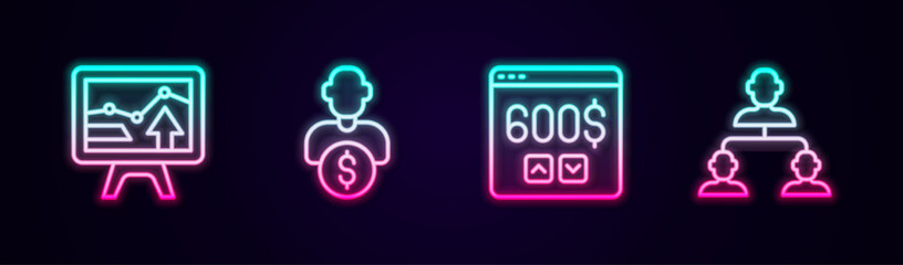 Set line Monitor with graph chart, Business investor, dollar and Employee hierarchy. Glowing neon icon. Vector