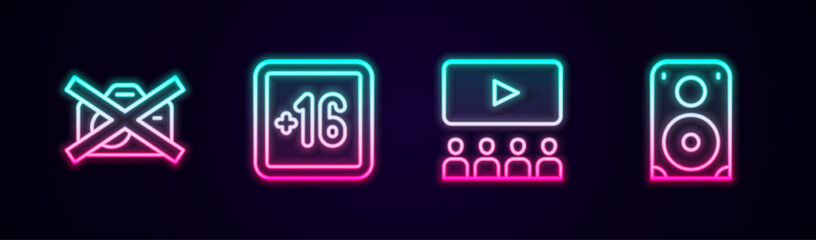 Set line Prohibition no video recording, Plus 16 movie, Cinema auditorium with screen and Stereo speaker. Glowing neon icon. Vector