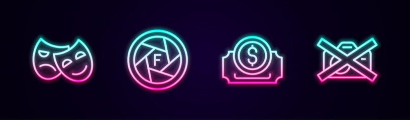 Fototapeta premium Set line Comedy and tragedy masks, Camera shutter, Cinema ticket and Prohibition no video recording. Glowing neon icon. Vector
