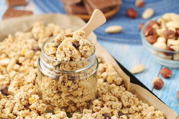 Homemade granola with nuts and chocolate