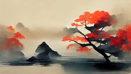 Gordijnen Oriental abstract landscape illustration. Japanese watercolor wash painting style. 3D illustration. © Bisams
