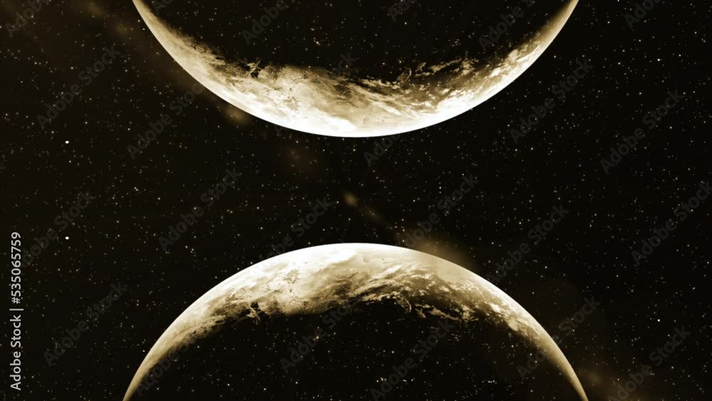 Poster 3d animation with approaching planets. motion. collision of parallel planets on background of space 