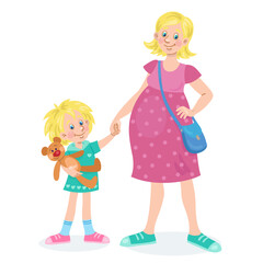 Young pregnant mother stands with her little daughter by the hand. In cartoon style. Isolated on white background. Vector illustration
