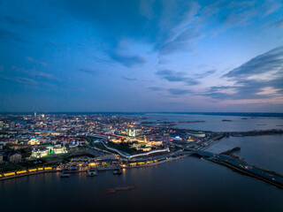 Panorama night city Kazan kremlin and Kul Sharif mosque Russia, aerial top view.